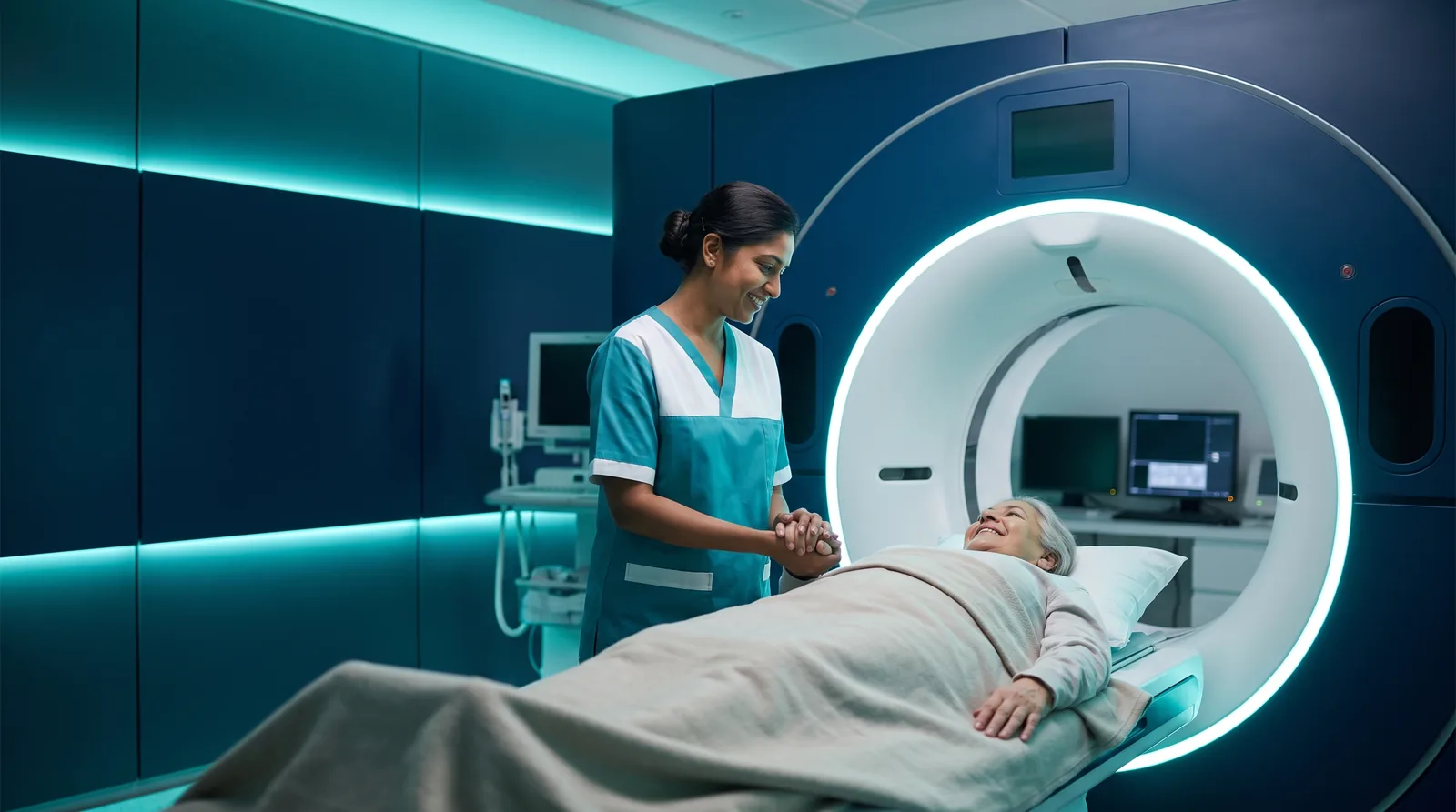 A radiology technician reassuring a patient beside a modern MRI scanner at Choice Pathlab